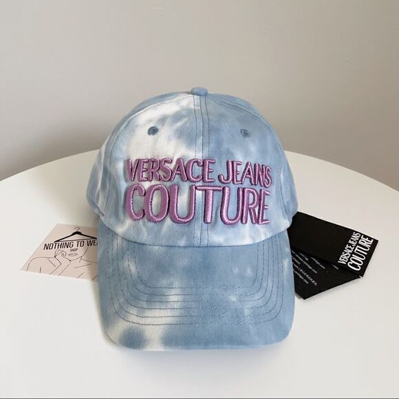 ⭕️ VERSACE JEANS Cap Hat Logo Designer Tie-dye Blue White Purple Denim - Picture 2 of 7